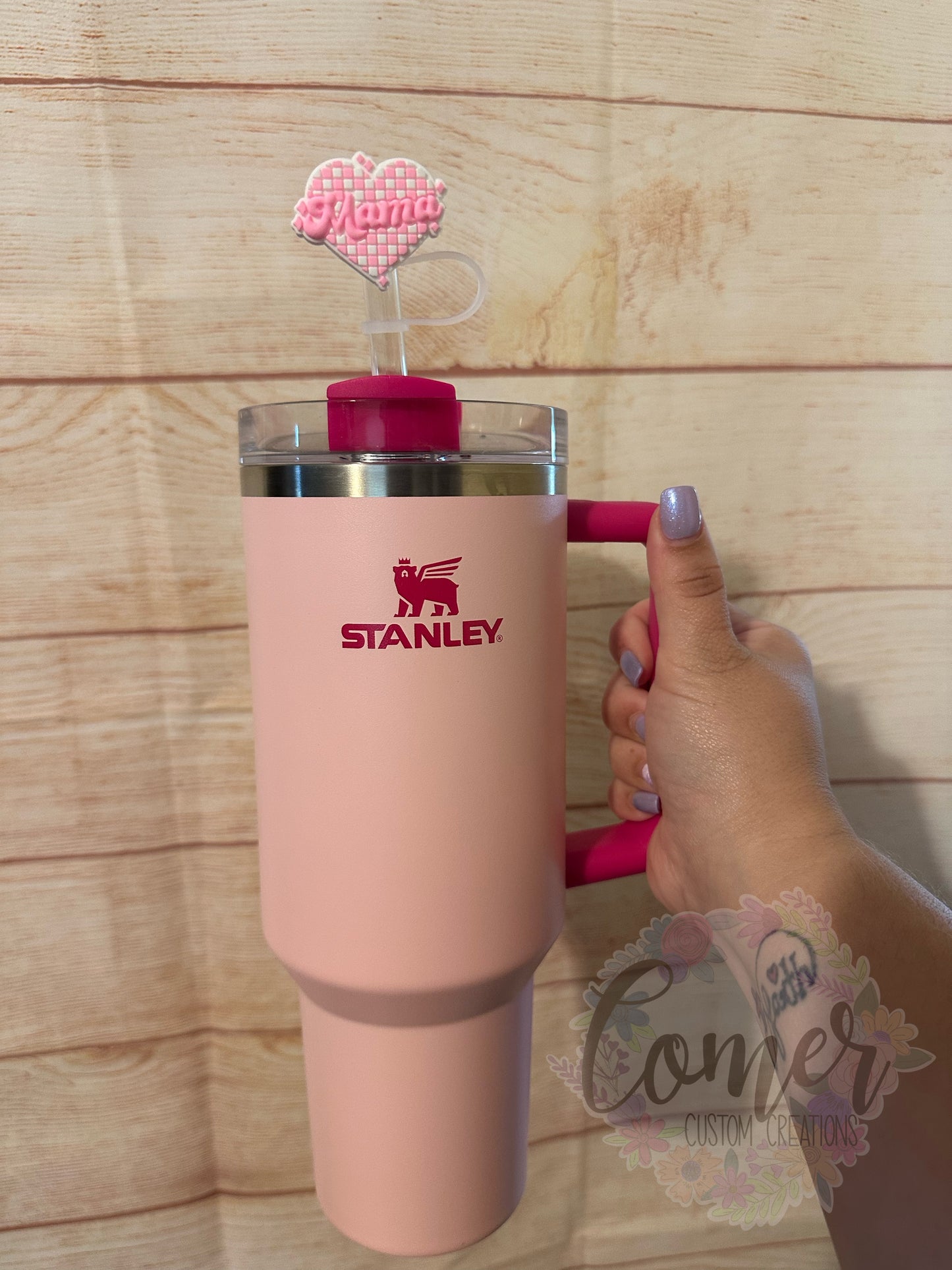 Pink Checkered Mama Heart 40 Oz Straw Topper