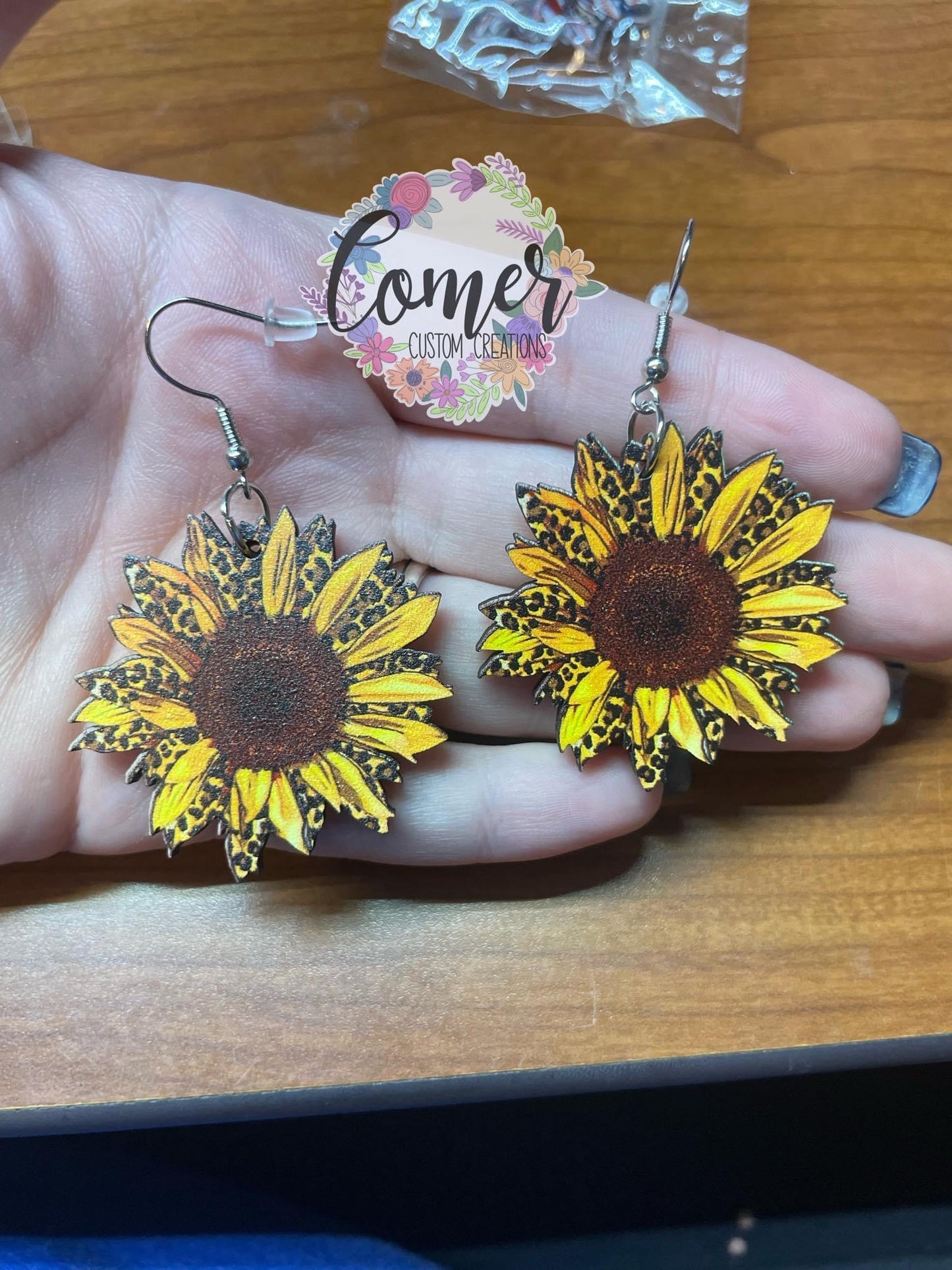 Sunflower And Cheetah Wood Earring