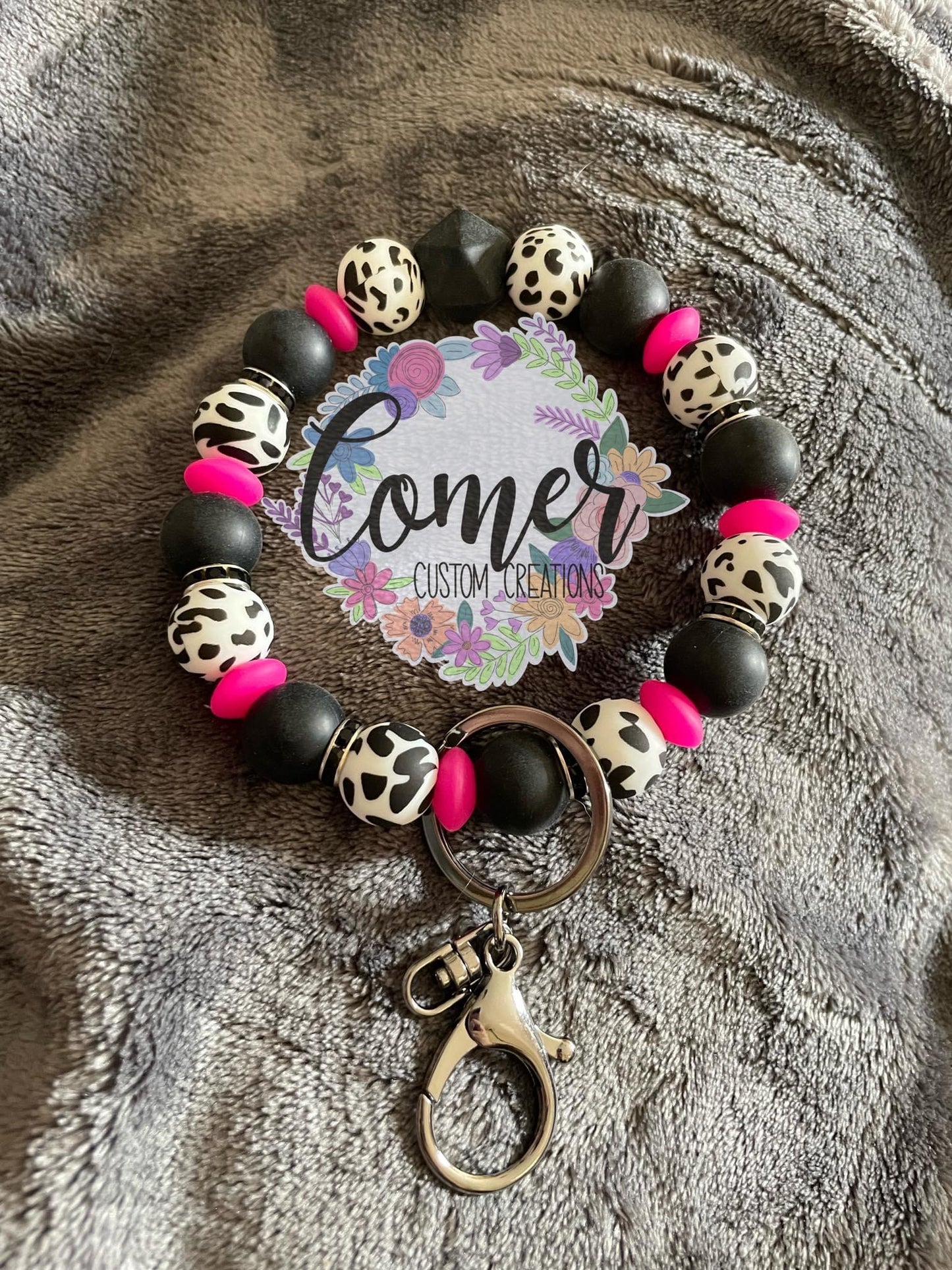 Hot pink and Black Cow Wristlet