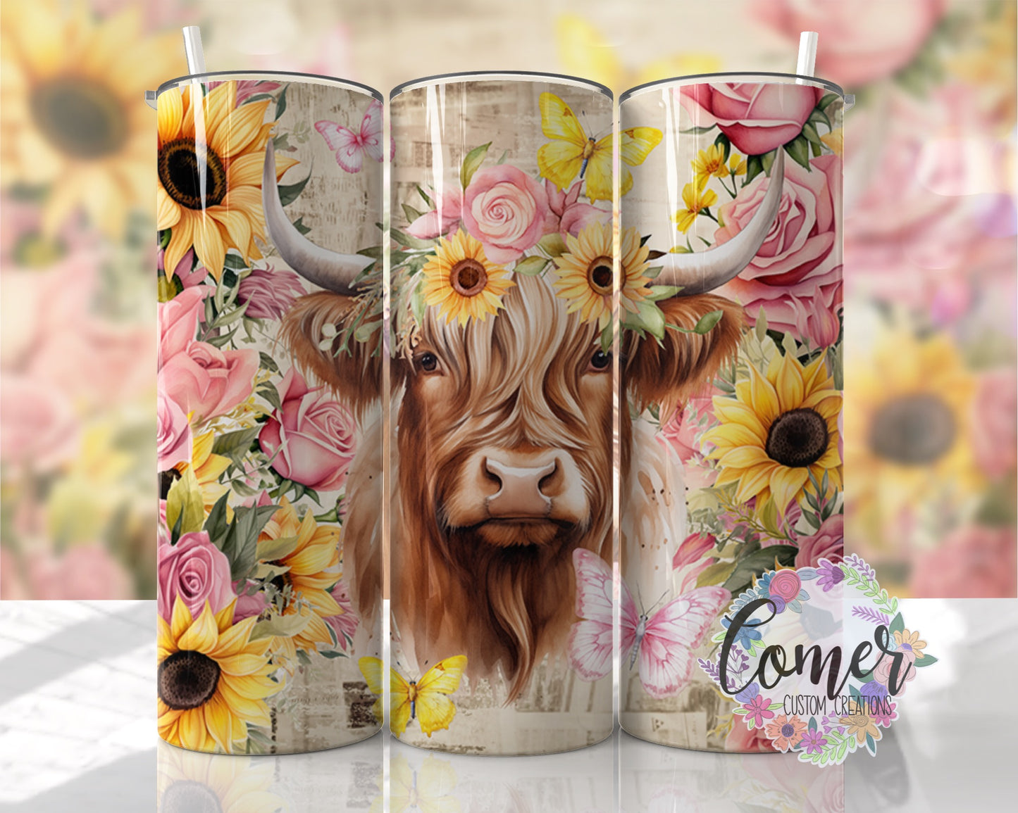 Highland Cow Sunflowers and Pink Floral