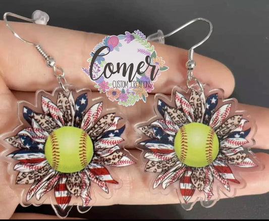 American Flag Softball Flower Acrylic Earring