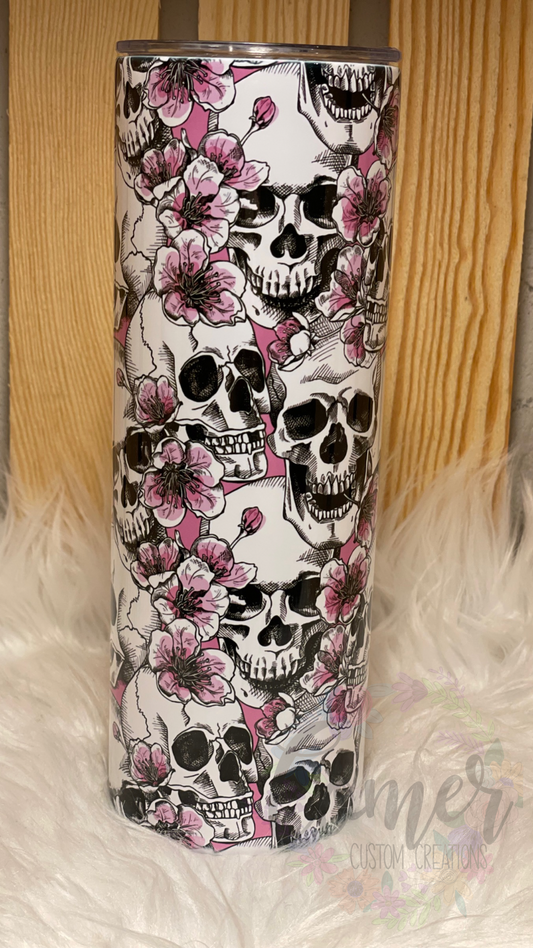 Pink Floral Skull Tumbler