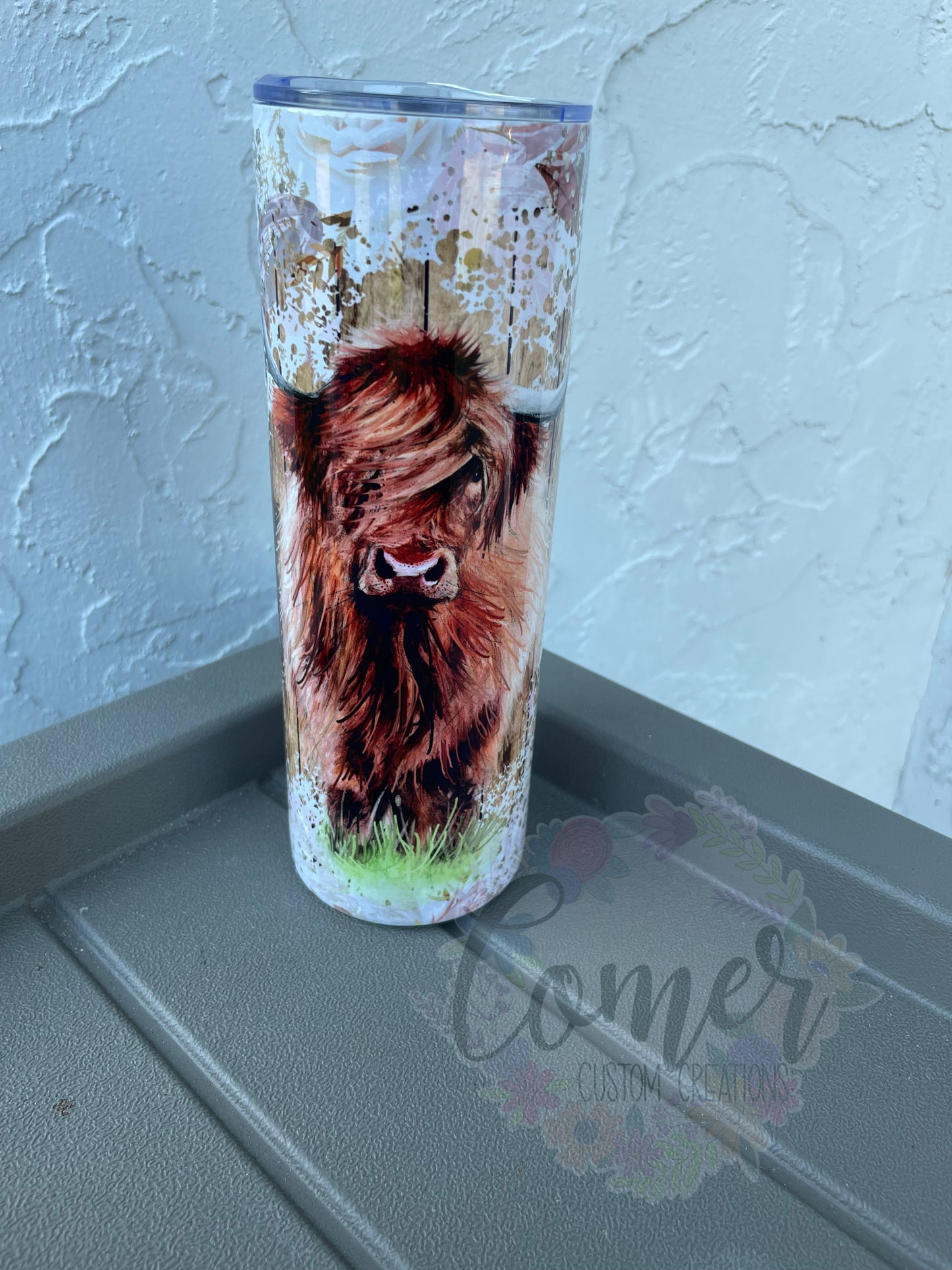 Highland Cow Pink Floral Tumbler